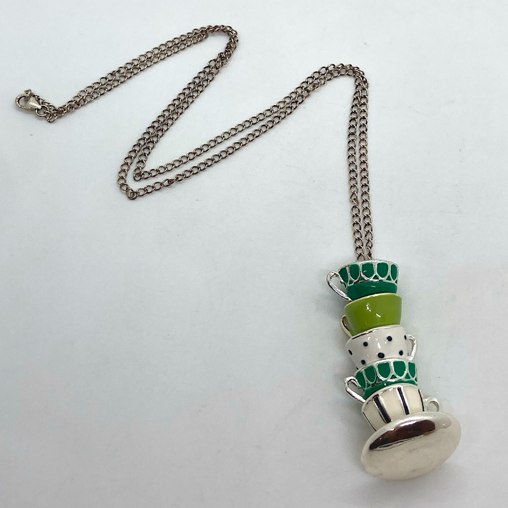 925 Sterling Silver & Enamel Stacked Teacup Pendant Necklace Heavy | 21.6” | 24g
